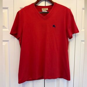 Burberry Red Short Sleeve V-Neck Tee with Black Emblem